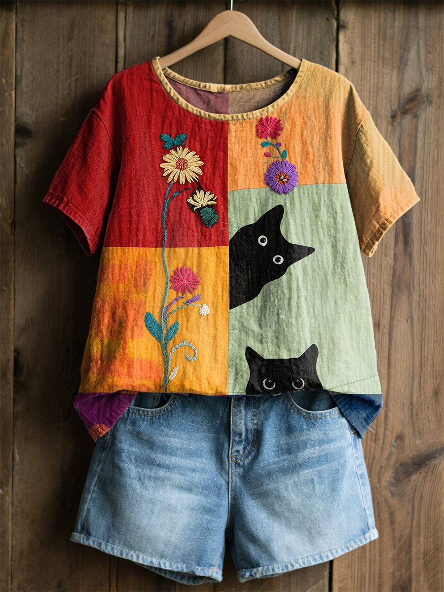 Dams retro blommig kattmönstrad casual t-shirt
