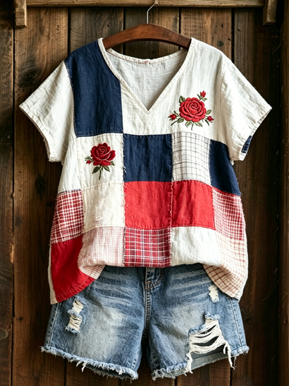 Dams linnet-shirt med blommönster och korta ärmar