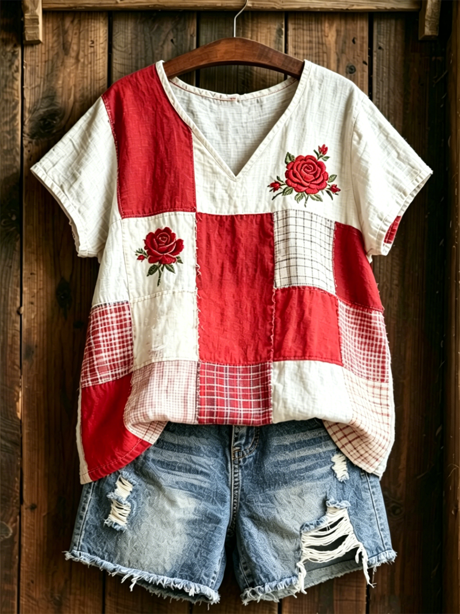 Dams linnet-shirt med blommönster och korta ärmar