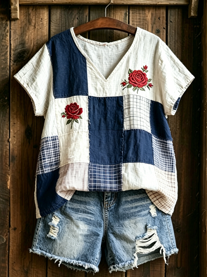 Dams linnet-shirt med blommönster och korta ärmar