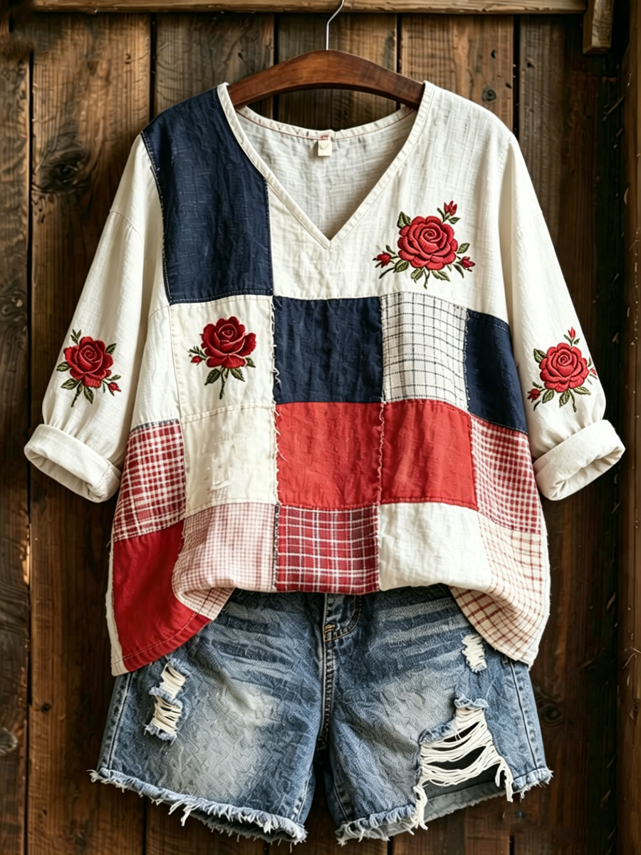 Dammens blommönstrad midjelångärmad t-shirt med V-ringning