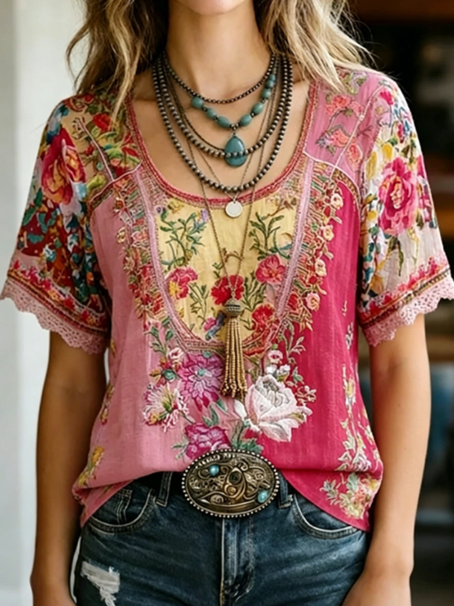 Kvinnors Retro Floral Broderad linne kortärmad T-shirt