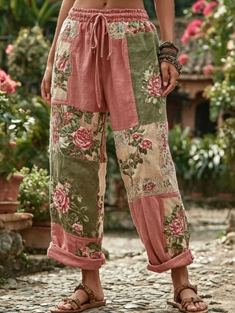 Damslips bohemisk broderad blommönstrad konstkontrastfärg linblandning lediga byxor