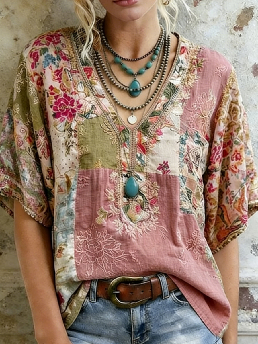 Kvinnor Retro Blomsterbroderad V-hals Kort ärm T-shirt