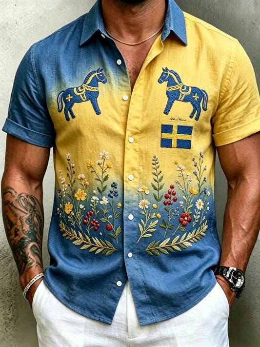 Herr retro svensk midtsommerfolkealdri blomstrete bomull-lin skjorte med korte ermer