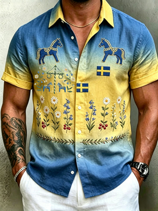 Herr retro svensk midtsommerfolkealdri blomstrete bomull-lin skjorte med korte ermer
