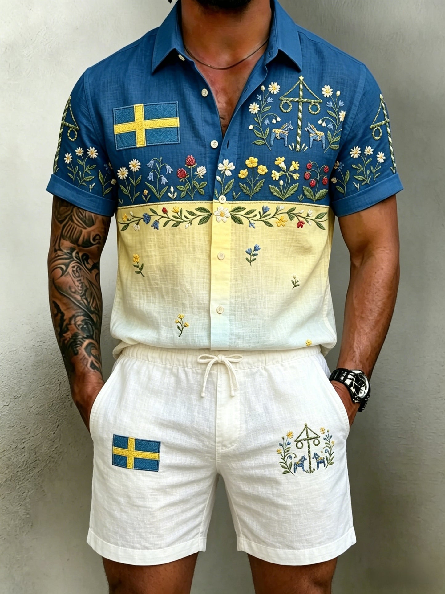 Herr Retro Svenska midsommar Folk Floral Cotton-Linen Shortbyxor