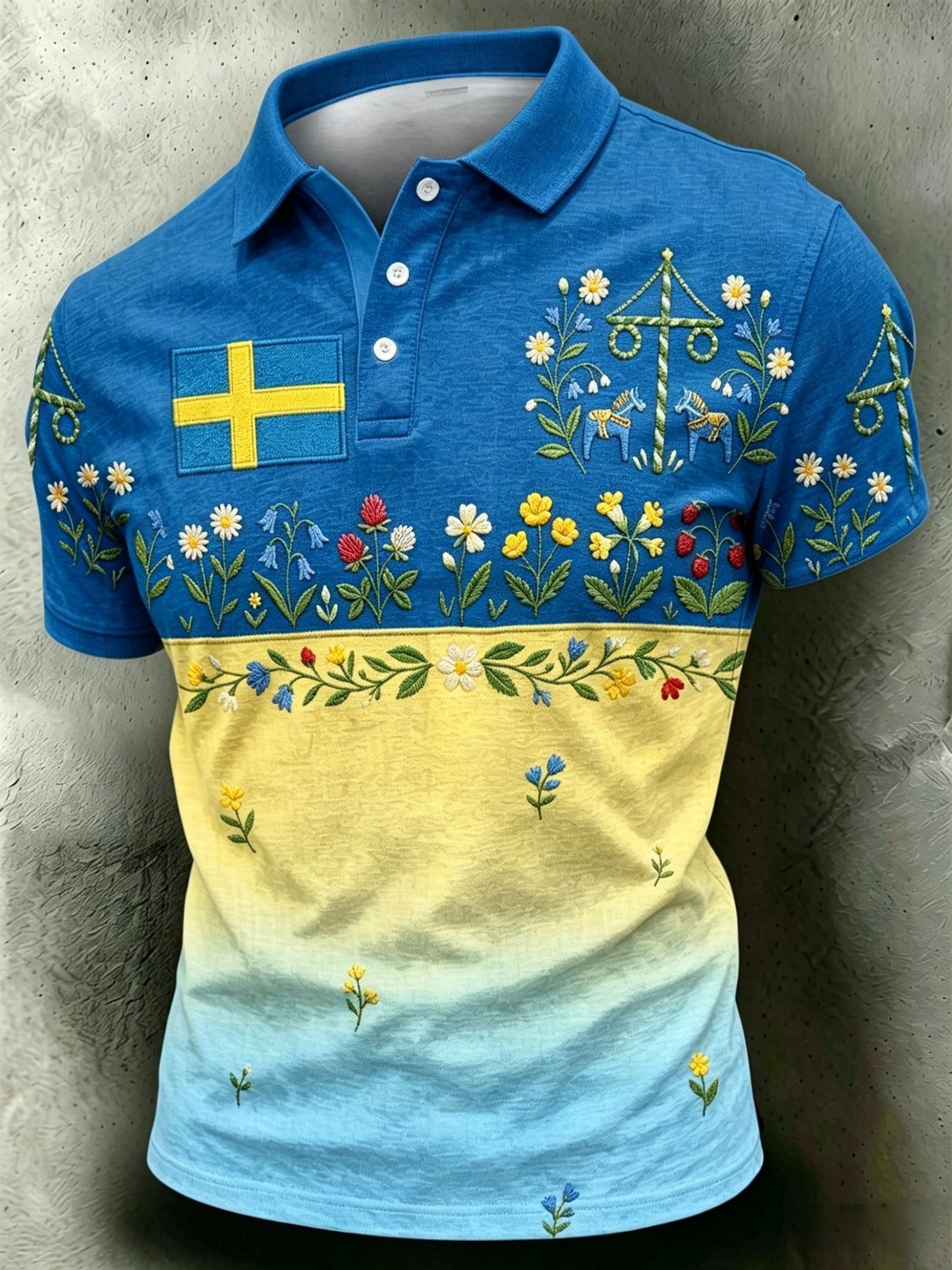 Herr Retro Svenska midsommar Folk Floral Cotton-Linen Short-Sleeve Polo tröj