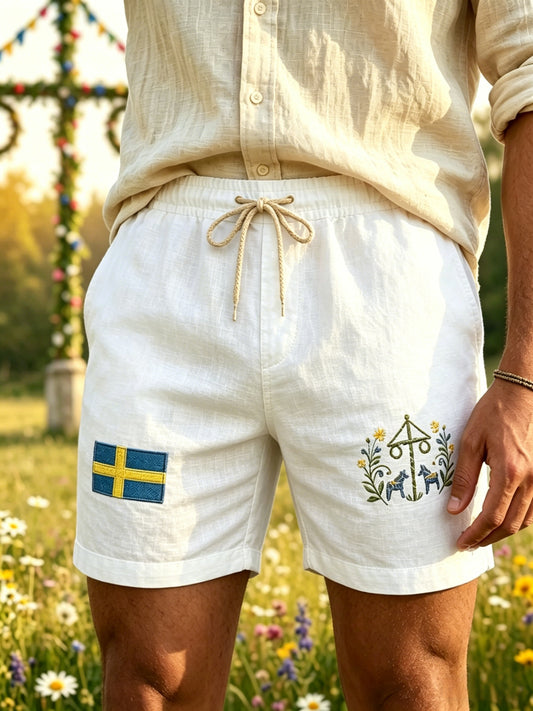 Herr Retro Svensk Midtsommer Folk Blomstret Bomull-Lin Shorts