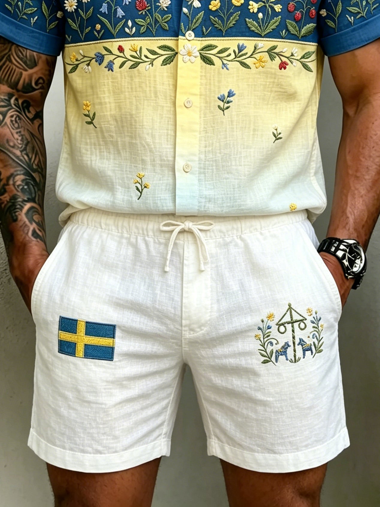 Herr Retro Svenska midsommar Folk Floral Cotton-Linen Shortbyxor