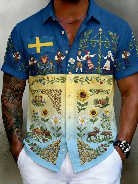 Herr retro svensk midtsommerfolkealdri blomstrete bomull-lin skjorte med korte ermer