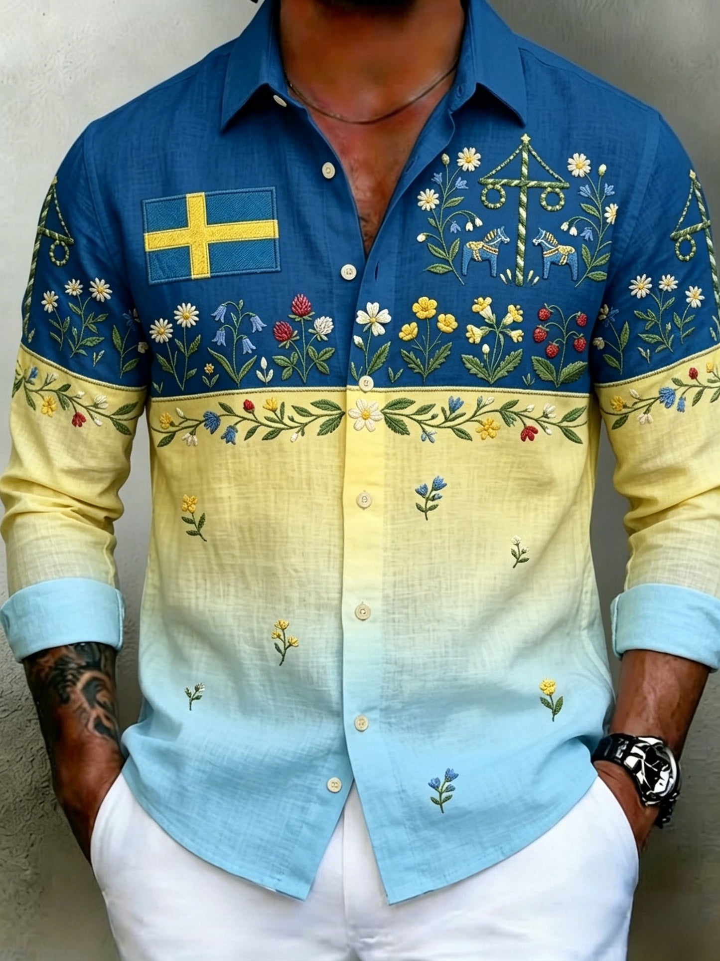 Herr Retro Svenska midsommar Folk Floral Bomull-Linen långärmskjort