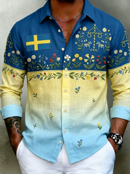Herr Retro Svensk Midtsommer Blomster Bomull-Lin Langermet Skjorte