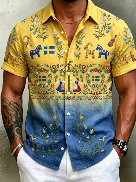 Herr retro svensk midtsommerfolkealdri blomstrete bomull-lin skjorte med korte ermer