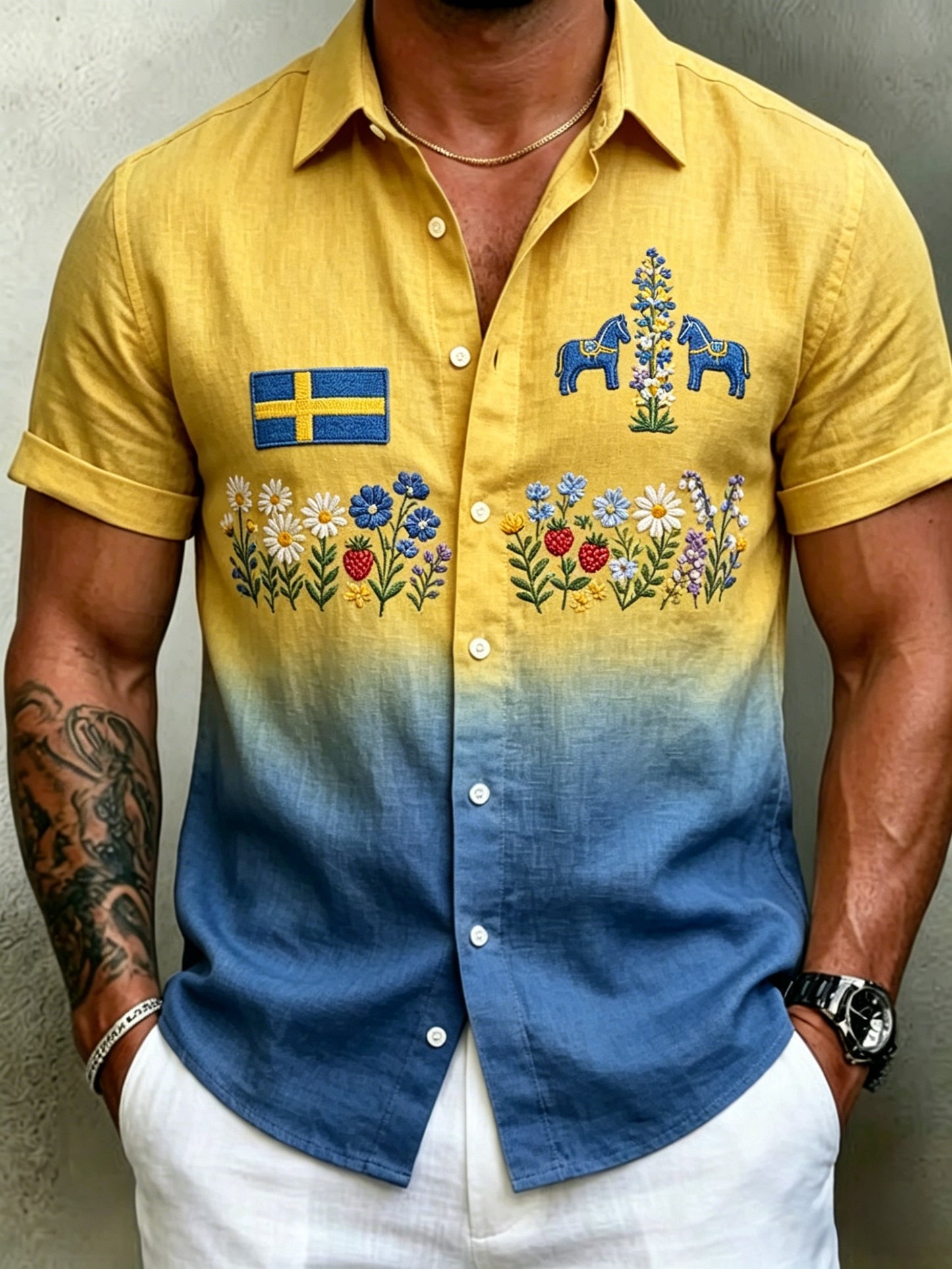 Herrretro svensk midsommarfolkaldrigblommig bomull-linne skjorta med korta ärmarna