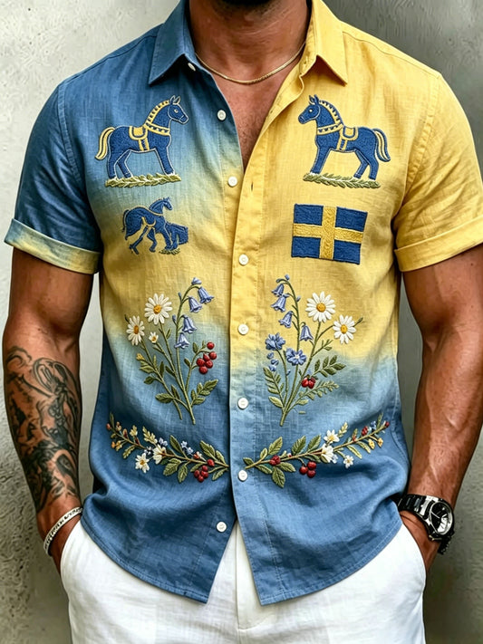 Herr retro svensk midtsommerfolkealdri blomstrete bomull-lin skjorte med korte ermer