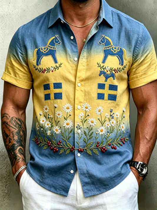 Herr retro svensk midtsommerfolkealdri blomstrete bomull-lin skjorte med korte ermer