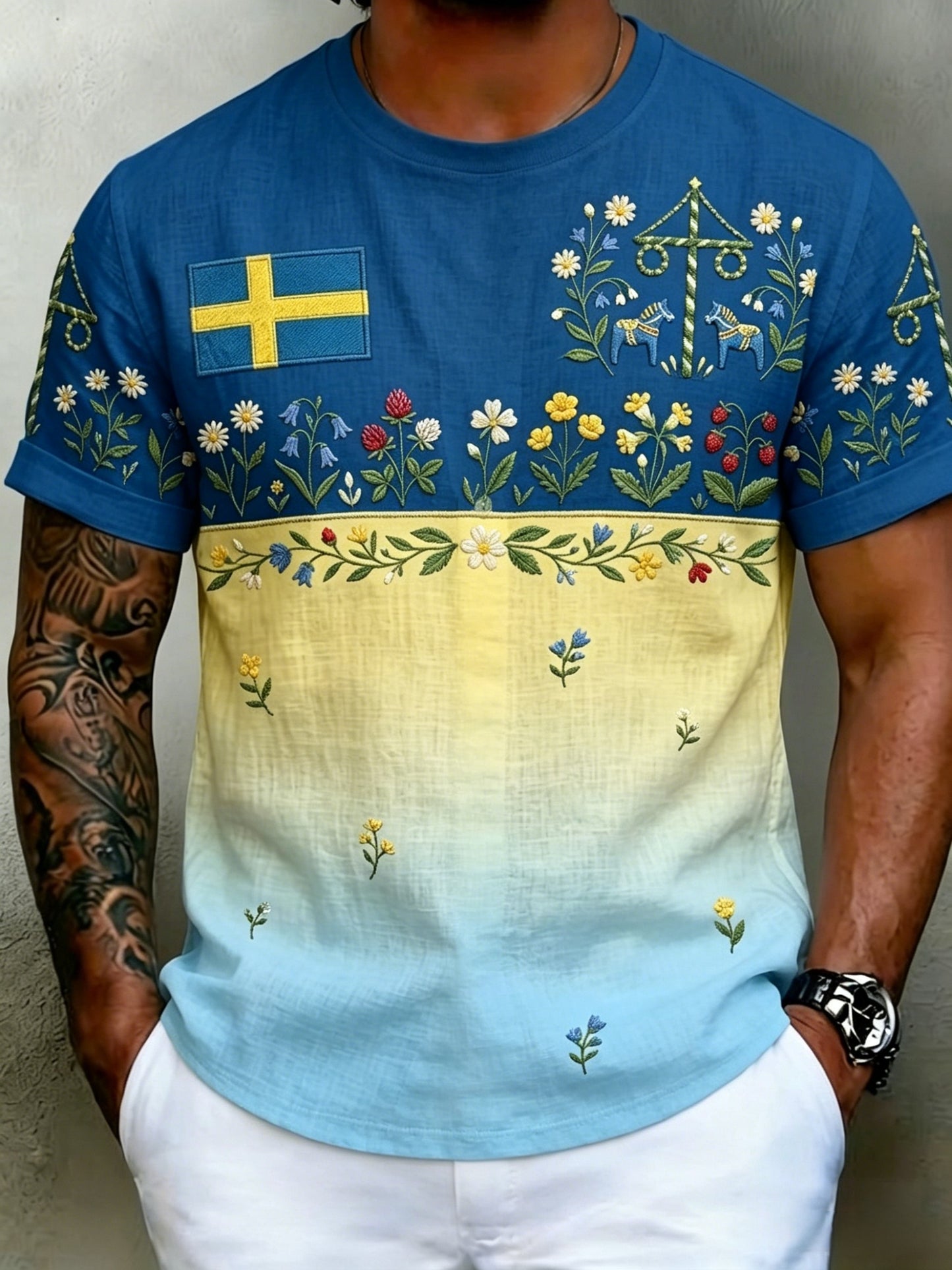 Herr Retro Svenska midsommar Folk Floral Bomull-Linen Kort-Shirt