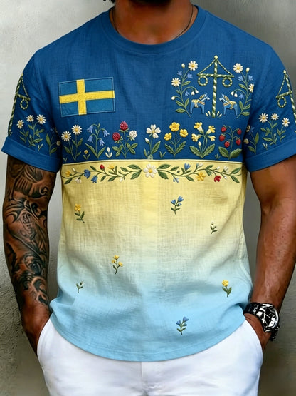 Herr Retro Svenska midsommar Folk Floral Bomull-Linen Kort-Shirt