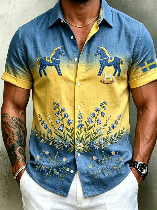 Herr retro svensk midtsommerfolkealdri blomstrete bomull-lin skjorte med korte ermer