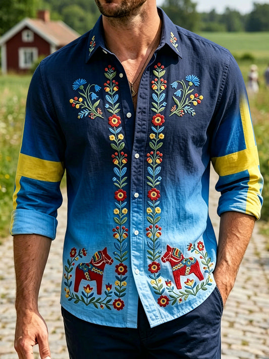 Herre retro svensk midsommarblomstret karusell avslappet skjorte