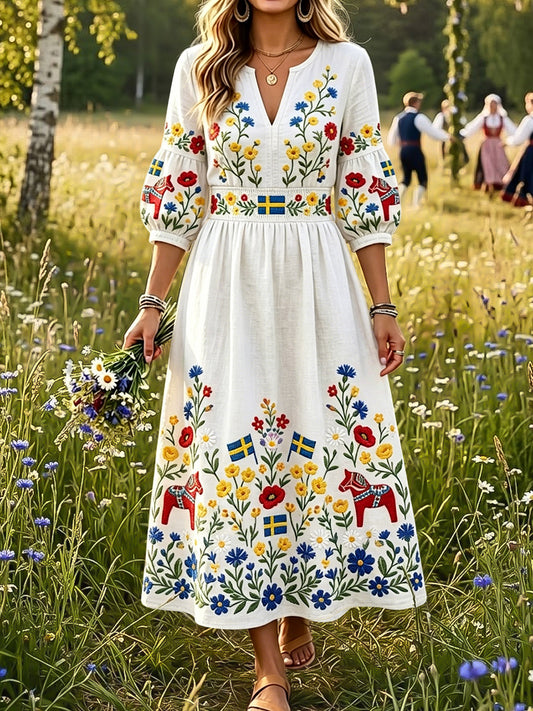 Kvinner Vintage Kornblomst Blomster V-hals kjole