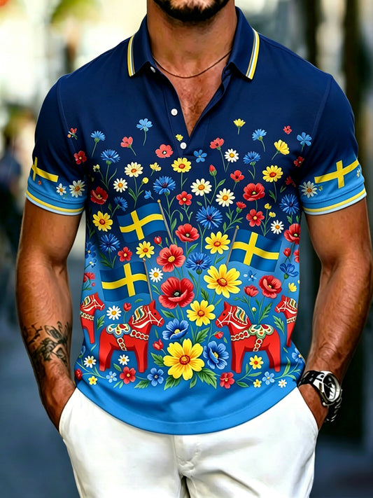 Herr retro svensk midtsommerblomstret karusell avslappet piké
