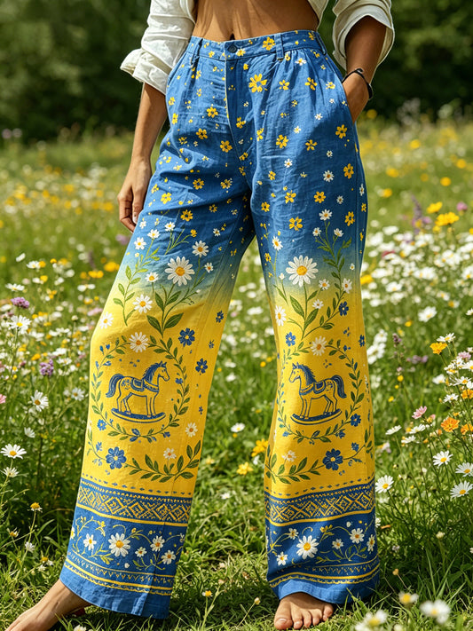 Dame Midtsommerfest Blomstret Fargegradient Bomull Lin Avslappnede Bukser