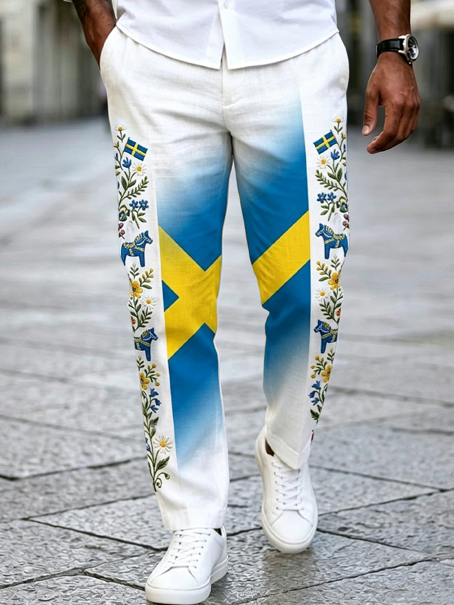 Herr Retro Svenska Midsommar Patchwork Cotton-Linen Casual Byxor