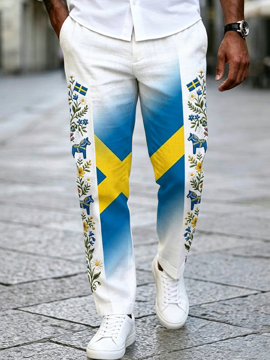 Herr Retro Svensk Midtsommer Patchwork Bomull-Lin Casual Bukser