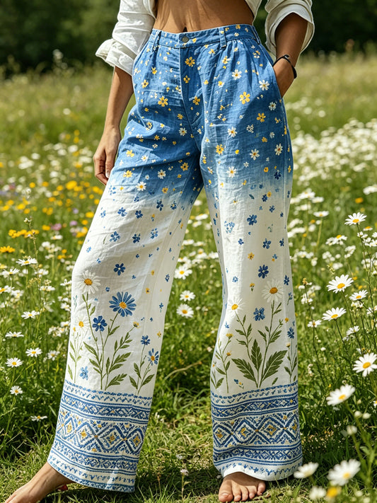Dame Midtsommerfest Blomstret Fargegradient Bomull Lin Avslappnede Bukser