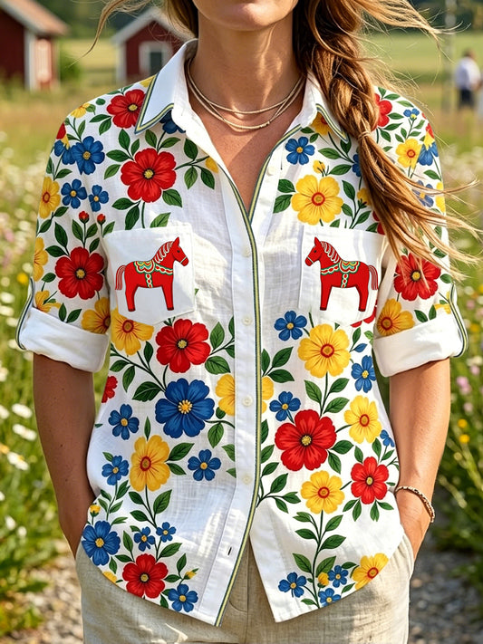 Kvinner Retro Svensk midsommer blomsterkarusell Uformell genser
