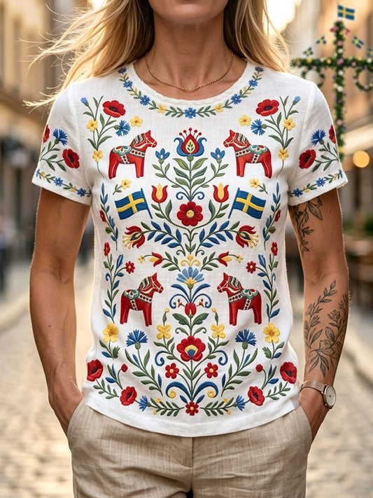 Kvinner Retro Svensk midsommer blomsterkarusell Uformell T-skjorte