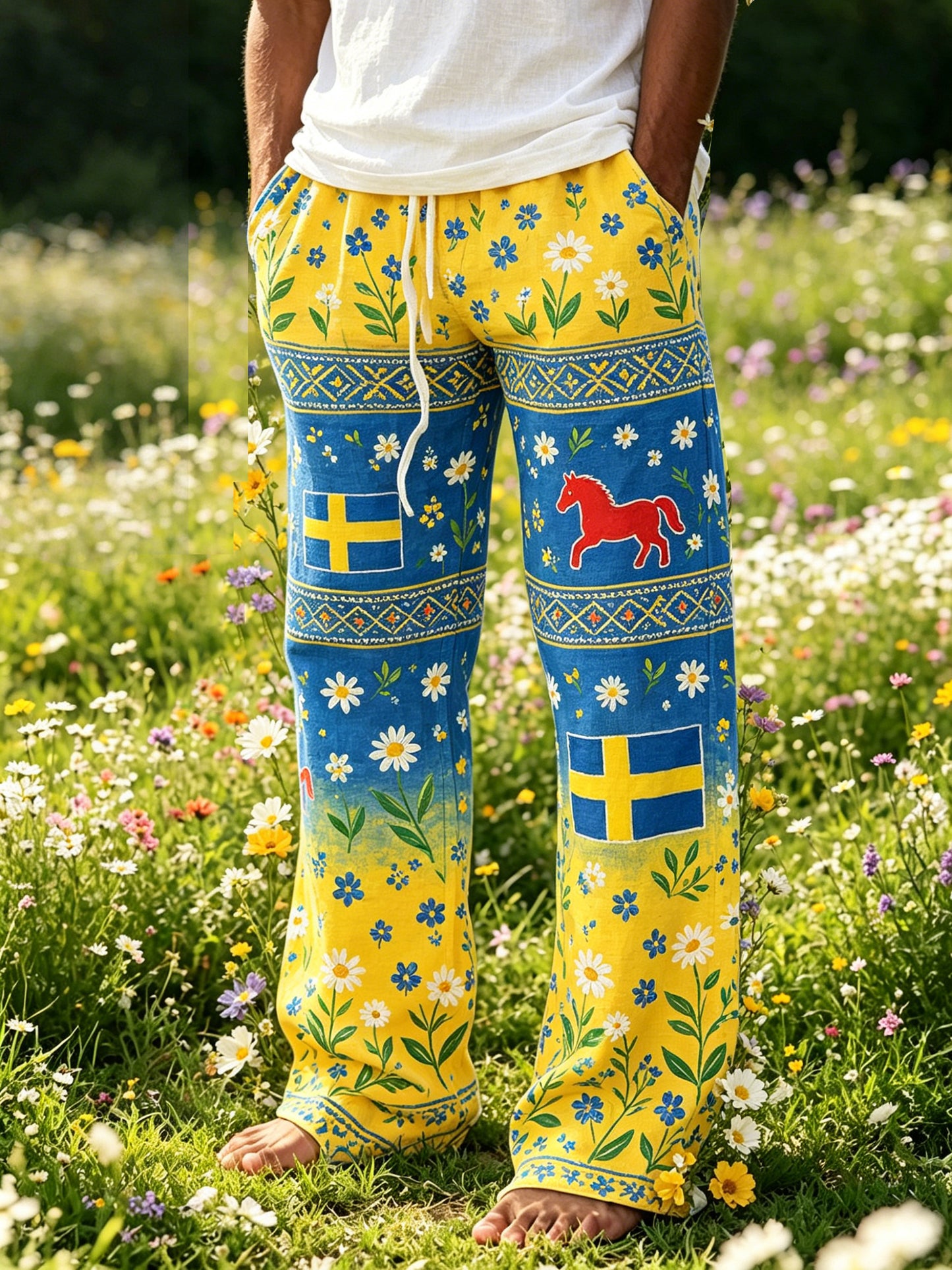 Herrmiddagsfest blommig färggradient bomullslinne avslappnade byxor