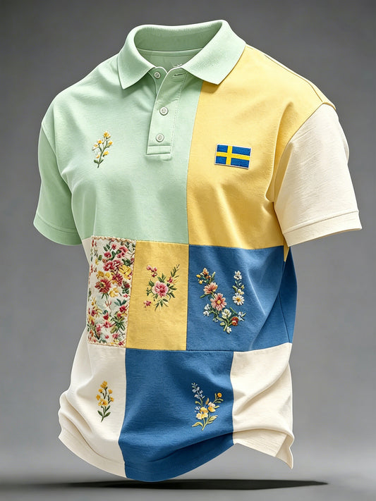 Herrepolotrøye med kort erm og kunstprint som feirer den svenske midtsommerfesten