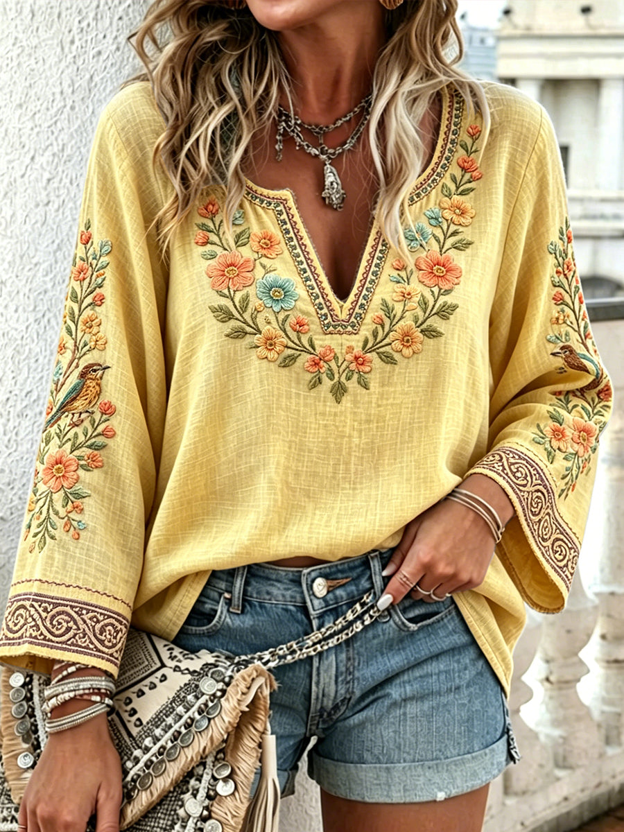 Kvinnlig gula blommor och fåglar broderad tryckt avslappnad t-shirt med v-ringning