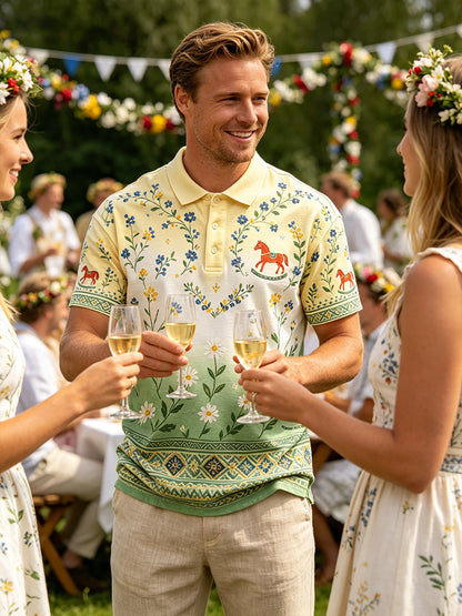 Herrpolskjorta med midsommarblommönster