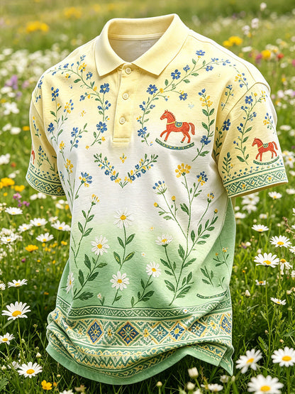 Herrpolskjorta med midsommarblommönster
