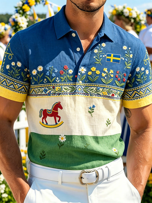 Herrepolotrøye med kort erm og kunstprint som feirer den svenske midtsommerfesten