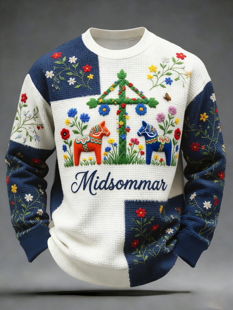 Retro midsommarfest konsttryck avslappnad tröja med rund halsning