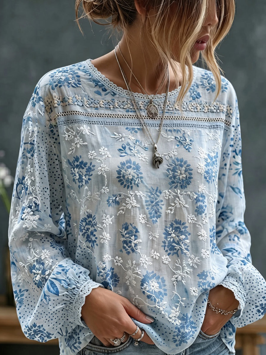 Dams vintage blommig konsttryckt casual topp i bomull-linne