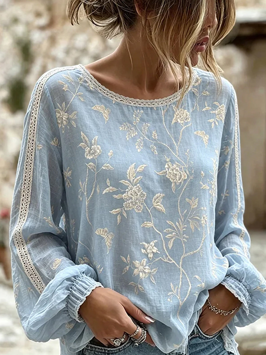 Dams vintage blommig konsttryckt casual topp i bomull-linne