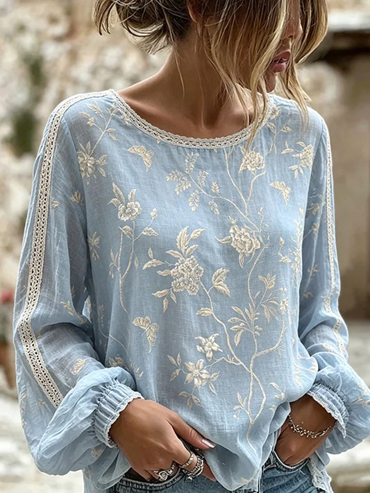 Dame vintage blomstret kunsttrykt uformell bomull-lin topp