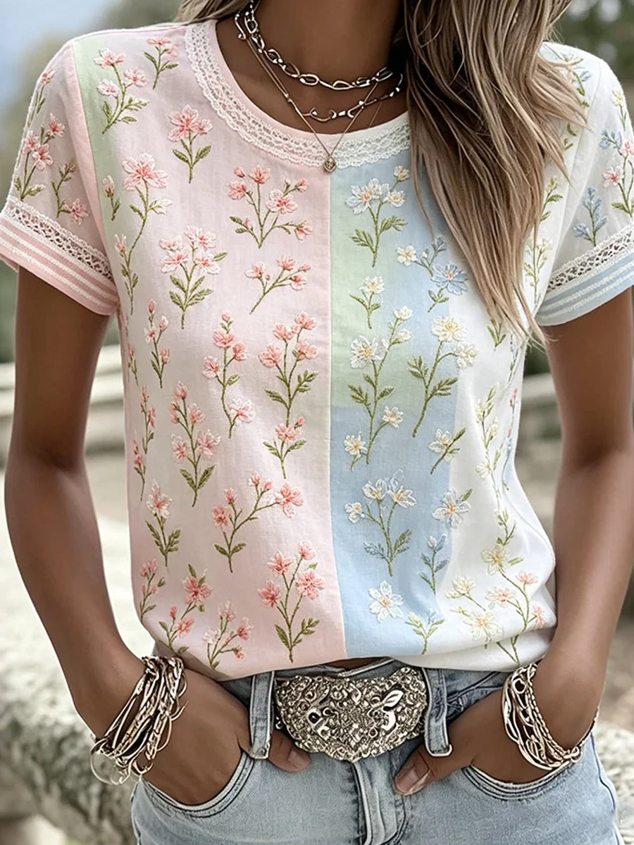 Dams vintage blommig konsttryckt casual topp