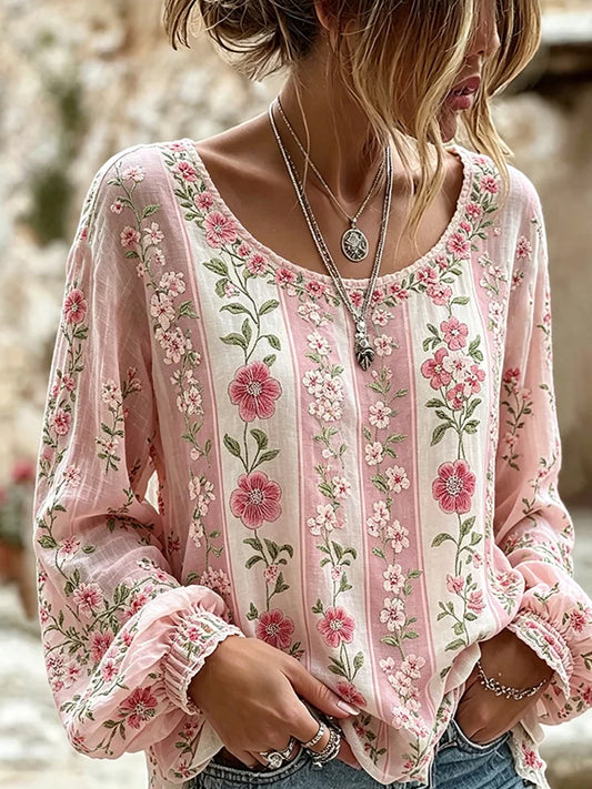 Dame vintage blomstret kunsttrykt uformell topp i bomull-lin
