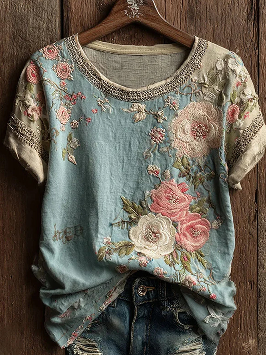 Dams vintage blommig konsttryckt casual topp