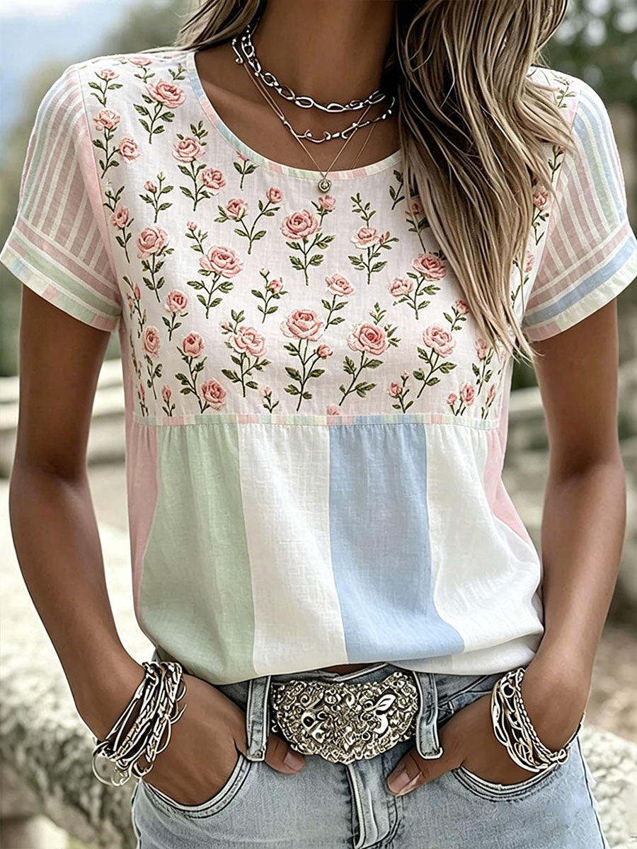 Dams örtblommig tryckt casual t-shirt