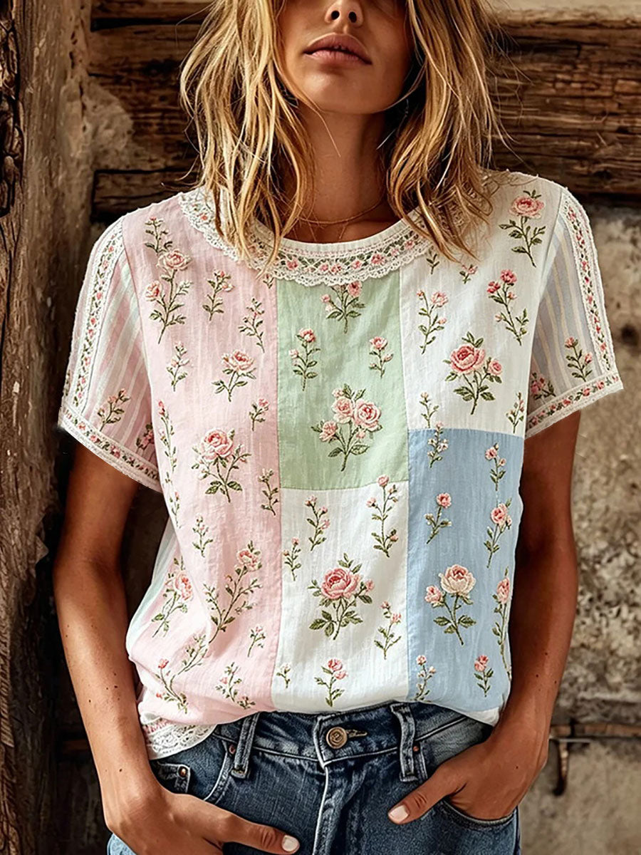 Dams örtblommig tryckt casual t-shirt