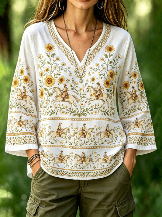 Damer retro svensk midtsommerfolkedrakt-bluse i bomull-lin med blomstermønster