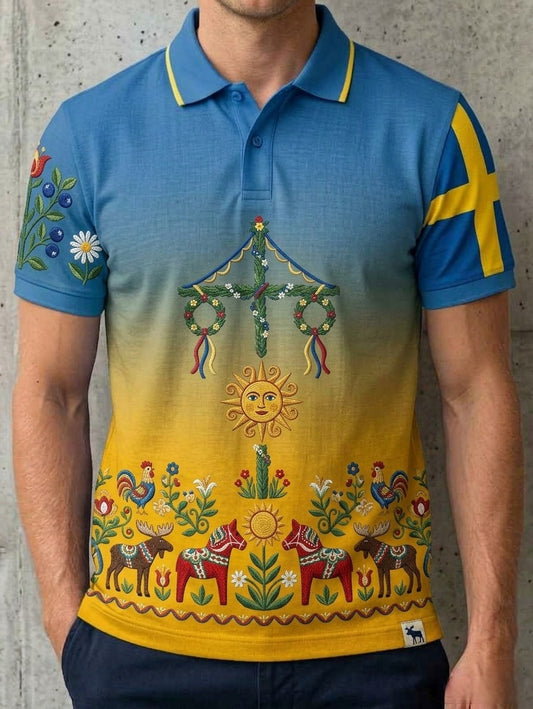Herrretro svensk midtsommerfolkealdri blomstret bomull-lin polo med korte ermer